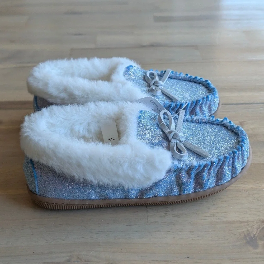 J.Crew Crewcuts Kids‎ Glitter Slippers Size K12 Blue White Faux Fur NEW!